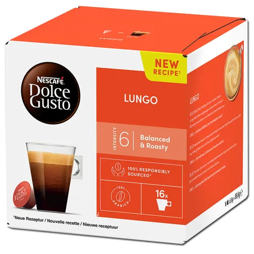 Dolce Gusto Caffè Lungo Kaffeekapseln, 16 Stück - Erleben Sie den vollmundigen Geschmack des Caffè Lungo mit diesen Kaffeekapseln, die perfekt für Dolce Gusto Maschinen geeignet sind. Ideal für Kaffeegenießer, die einen intensiven Genuss suchen.