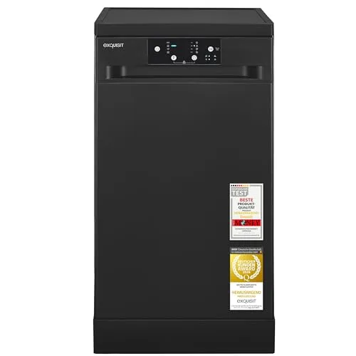 Exquisit Geschirrspüler GSP9109-450D schwarz – 9 Maßgedecke, 4 Programme, Aquastop - Kompakter Geschirrspüler für 9 Maßgedecke mit 4 Programmen, inklusive Eco. Ideal für kleine Küchen. Sicher dank Aquastop und Kindersicherung. Effizient und leise – die praktische Lösung für jeden Haushalt.