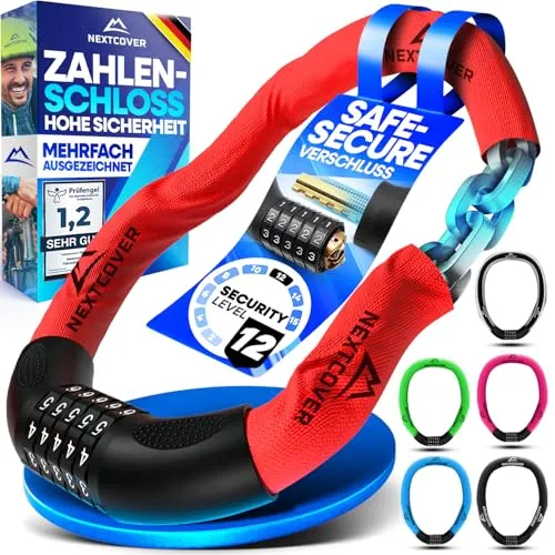 Nextcover Kettenschloss mit Zahlencode - Höchste Sicherheit für dein Fahrrad - Kettenschloss mit 5-stelligem Zahlencode, idealer Schutz für dein Bike dank bester Verarbeitung - 100% Zufrieden oder Geld zurück!