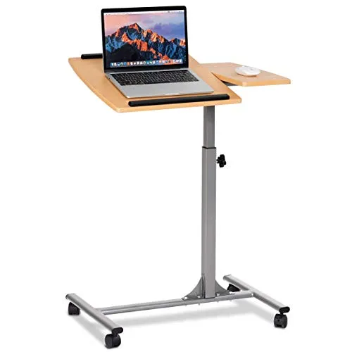 COSTWAY Laptoptisch höhenverstellbar und neigungsverstellbar, Pflegetisch mit Rollen, Notebooktisch Betttisch Krankenbett Beistelltisch Sofatisch für Bett Sofa, 64 x 45 x (71-93) cm (Natur)