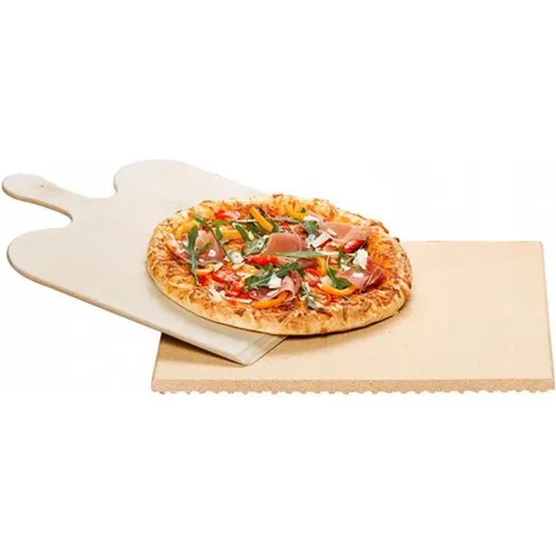 Pizzastein / Brotbackstein-Set PS 16 beige - 35 x 35 cm mit Holzschaufel - Geschirr: 2-teiliges Set mit hochwertigem Schamottestein für perfekte Pizza- und Brotbackergebnisse, inklusive praktischer Holzschaufel.