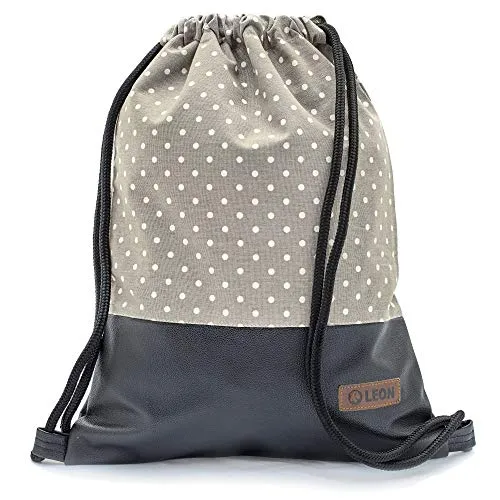 By Bers Leon großer Premium Turnbeutel mit Innentaschen Rucksack Tasche Damen Herren Teenager Gym Bag Draw String 45x34cm für Sport Reise Alltag Einkauf (Dot_BeigehellBraun_SchwPU)