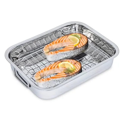 Edelstahl Bräter mit entnehmbaren Grillrost - 32 x 24 cm - Auflaufform mit Griffen und Rost für Grill und Ofen - Schwedenschale Grillschale Backform Dessertform spülmaschinenfest
