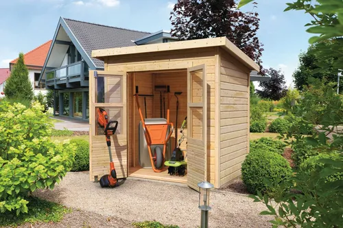 Karibu Gartenhaus Gerätehaus Merseburg 3 - Naturbelassenes Holz - Gartenhaus aus nordischer Fichte mit Sicherheitsüberfalle, ideal zum Verstauen von Gartengeräten und Spielzeug, optional erweiterbar mit Anbaudach für mehr Stauraum.