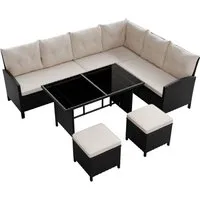 Juskys Polyrattan Lounge Manacor - Stilvolles Gartenmöbel-Set für 7 Personen - Gartenmöbel Set mit Sofa, Tisch & Hockern aus wetterfestem Polyrattan - perfekt für gesellige Abende im Freien. Bequeme Kissen und robustes Design sorgen für höchsten Komfort.