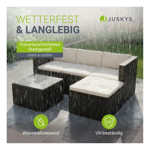 Juskys Gartenlounge-Set Punta Cana, Polyrattan Sitzgarnitur mit Tisch, Sofa und Hocker - Gartenmöbel-Set mit modernem Design, ideal für entspannte Stunden im Freien. Die bequemen Polsterungen aus Schaumstoff und der robuste Stahlrahmen garantieren Langlebigkeit und Komfort.