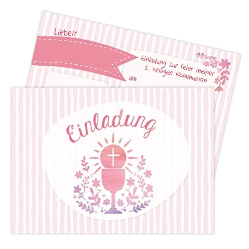 Papierdrachen 12 Einladungskarten zur Kommunion - Motiv Kelch rosa - Einladung zur Heiligen Kommunion für Mädchen und Jungen - DIN A6 - Set 2