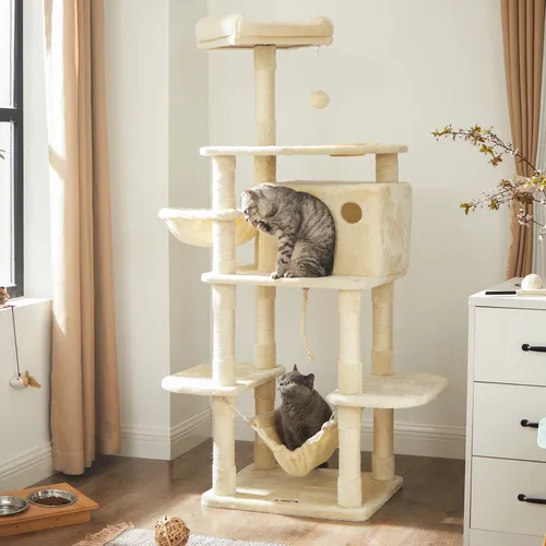 FEANDREA Kratzbaum 164 cm - Stabiler Kletterturm mit Fressnapf und Kuschelhöhle - Kratzbäume für Katzen - Hohe Stabilität und viel Platz für bis zu 3 Katzen, inklusive Fressnapf für entspanntes Fressen und gemütlicher Kuschelhöhle.