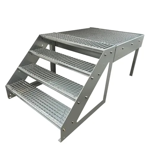 Kaminbau Mierzwa Außentreppe Stahltreppe 4 Stufen – Wetterfest & Korrosionsgeschützt - Hochwertige Stahltreppe mit 4 Gitterroststufen, Höhe 76 cm und wählbarem Podest. Ideal für Terrasse und Garten, einfach zu montieren und langlebig durch vollständige Feuerverzinkung.