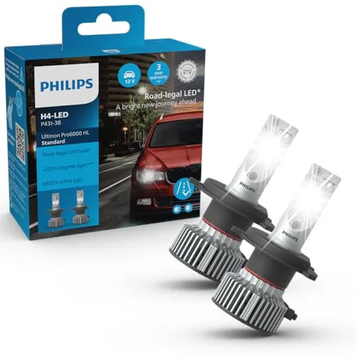 PHILIPS Ultinon Pro6000 HL H4 LED Glühlampe - Autobeleuchtungen mit über 220 % mehr Helligkeit für optimale Sicht. Ideal für sicheres Fahren und kompatibel mit vielen Fahrzeugmodellen. Lebensdauer von 2.000 Stunden.