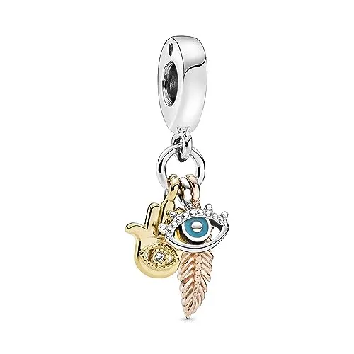 PANDORA SHINE Charm Anhänger "Hamsa, Auge & Feder" 768785C01 - Bead Charms für Damen, dreifarbiger Charm aus Sterling-Silber mit 18 Karat Vergoldung und Cubic Zirkonia für zusätzlichen Glanz, inspiriert von Spiritualität und Schutz.