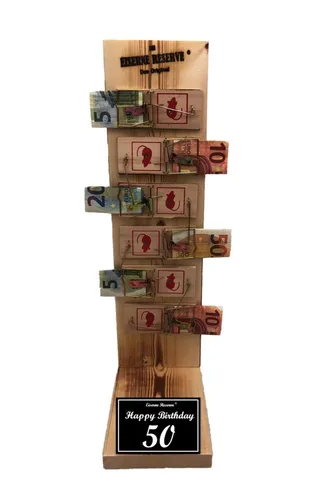 Eiserne Reserve® Geschenkbox Happy Birthday 50 - Aufbewahrungsbox für Geldgeschenke, stilvolle Mausefalle aus hochwertigem Holz, perfekt für den 50. Geburtstag und ein originelles Geschenk.