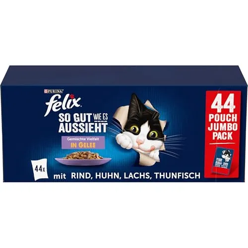 FELIX So gut wie es aussieht Gemischte Vielfalt in Gelee Katzennassfutter 44x85g - Vielfältiges Katzennassfutter für ausgewachsene Katzen: Mix aus Rind, Huhn, Thunfisch und Lachs im praktischen 44er Pack. 100% ausgewogen und ohne künstliche Zusatzstoffe.