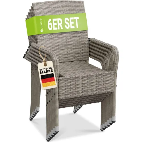 Juskys Polyrattan Gartenstühle Yoro 6er Set - Gartenstühle mit Armlehnen, stapelbar und elegant in Grau-meliert, ideal für bequeme Sitzmöglichkeiten im Garten oder auf der Terrasse.