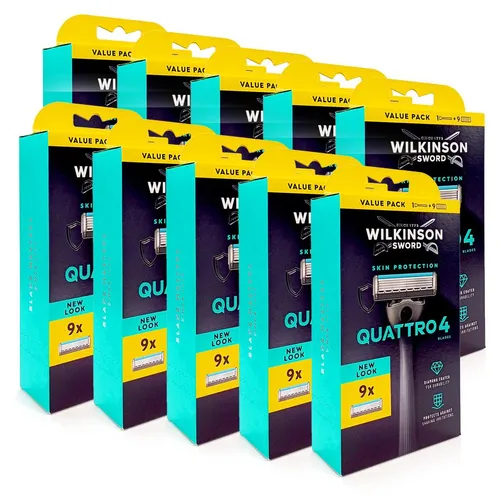 Wilkinson Quattro 4 Skin Protection Rasierer + 8 Ersatzklingen - Der Wilkinson Quattro 4 Skin Protection Rasierer bietet mit seinen langlebigen Klingen und dem speziellen Gleitstreifen eine sanfte Rasur. Ideal für präzise Konturen und weniger Hautirritationen.