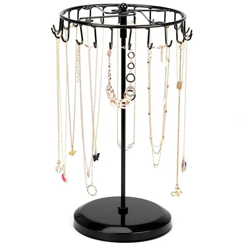 BELLE VOUS Schwarzer Kettenständer Schmuck Drehbar (23 Haken) - H34,8 x B20,5 cm - Ketten Aufbewahrung Hängend - Schmuckbaum für Ketten & Armbänder, Ringe & Ohrringe