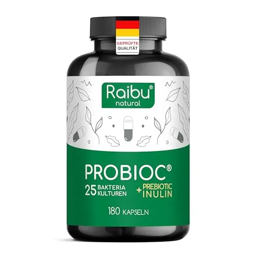 Probioc Kulturen Komplex - 25 Bakterienstämme - Probiotika Lactobacillus mit 300 Mrd. KBE/g, hochdosiert und magensaftresistent für eine gesunde Darmflora. 180 Kapseln bieten über 3 Monate Versorgung.