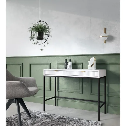 CORTADO Schminktisch-Konsole T104, Weiß - Eleganter Stil für Ihr Zuhause - Schminktisch mit geriffelter MDF-Front und gold gebürstetem Aluminiumgriff, perfekt für stilvolle Make-up-Rituale.