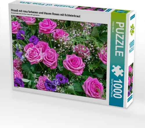 CALVENDO Puzzle Strauß mit rosa farbenen und blauen Rosen mit Schleierkraut 1000 Teile Lege-Größe 64 x 48 cm Foto-Puzzle Bild von CALVENDO