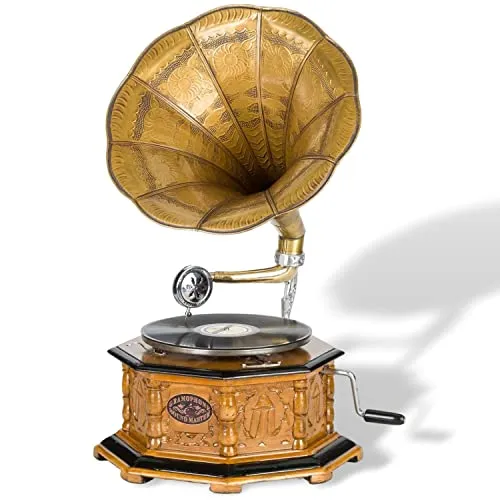 Aubaho Dekoobjekt Grammophon Trichtergrammophon - Stilvolles Trichtergrammophon aus Holz und Metall, ideal für die Präsentation von Schellack-Platten. Ein einzigartiges Dekoobjekt für Musikliebhaber und nostalgische Akzente in jedem Raum.