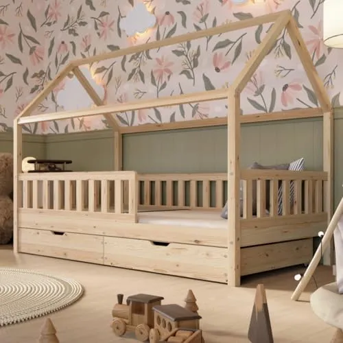 Crazy Pine Hausbett mit Schubladen 80x160 cm – Sicheres Kinderbett aus Naturholz - Das Crazy Blanco Hausbett bietet 30 cm hohe Barrieren für sicheren Schlaf. Mit zwei praktischen Schubladen für Spielzeug und Kleidung sorgt es für Ordnung im Kinderzimmer. Ideal für kreative Spiel- und Schlafmomente.