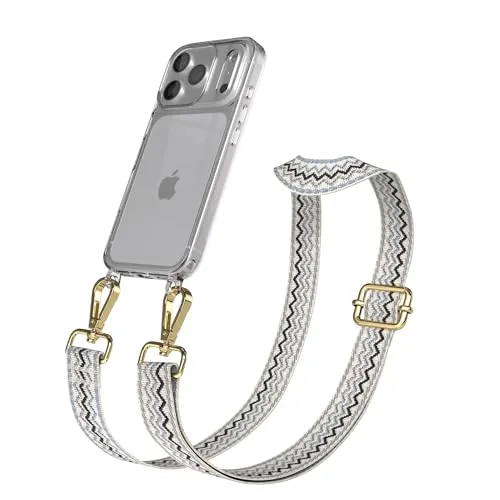 EAZY CASE Handykette - Verstellbares Taschenband kompatibel mit iPhone 17 Pro, Schulterriemen, Handykordel mit Silikon Hülle, Umhängetasche, Beige Blau Gold