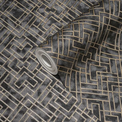 Vliestapete Geometrisch Metallic Muster Art Deco Schwarz Gold - Moderne Wandtapete mit geometrischem Muster in Schwarz und Gold, abziehbar und scheuerbeständig – ideal für jedes Zimmer und sorgt für einen eleganten Look.