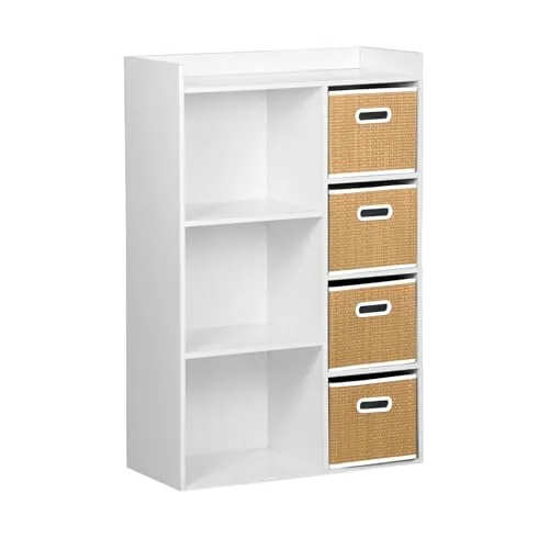 Aufbewahrungsmöbel für Kinder - Camille mit 7 Fächern und 4 Boxen - Praktisches Aufbewahrungsmöbel in Kinderhöhe mit klarem Design. 4 Körbe aus Naturfaser bieten Platz für Spielzeug und Bücher.