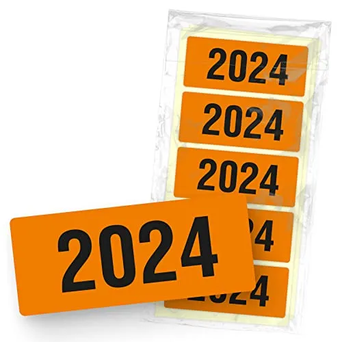 itenga 50x Jahresetiketten Ordner Inhaltsschild Jahreszahl I Aufkleber für Akten selbstklebend aus Haftpapier Rechteckig 6x2,5cm (Kalenderjahr 2024 (orange))