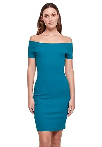 Urban Classics Ladies Off Shoulder Rib Dress - Kurzes Kleid in Grün - Freizeitkleider für Damen, Off-Shoulder-Design für einen lässigen Look, aus langlebiger Baumwolle für optimalen Tragekomfort.
