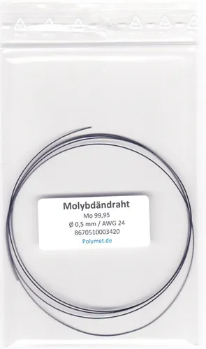 Molybdändraht Mo 99,95% Draht-Anode ⌀0,5 x 1000 mm Elektrode 100cm 500 my AWG24