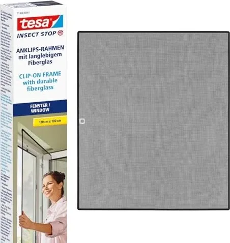 tesa Insect Stop Clip on - Fliegengitter für PVC-Fenster - Fliegenabwehr mit einfachem Klips-Mechanismus, der werkzeugloses Einklicken ermöglicht. UV-beständiges Fiberglas-Netz sorgt für jahrelangen Schutz gegen Insekten.