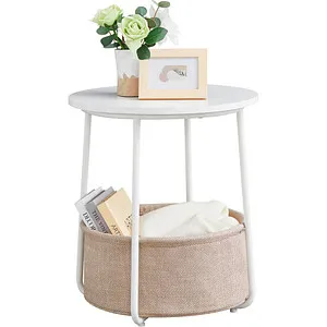 VASAGLE Beistelltisch rund - Kleiner Couchtisch mit Stauraum, modern und ideal für kleine Räume in Mattweiß-Kamelbraun
