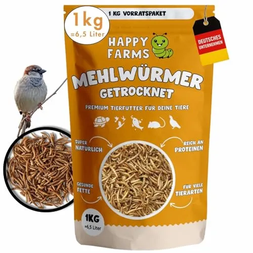 HappyFarms Getrocknete Mehlwürmer – 1kg proteinreiches Naturfutter für Wildvögel, Igel & Nager