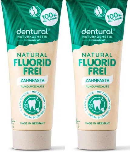Happybrush Dentural Fluorid Free Zahnpasta 75 ml - Zahnpasten mit natürlichem 5-fach Schutz, vegan und klimaneutral, unterstützt die Remineralisierung der Zähne, 100% recycelbare Tube, Made in Germany.