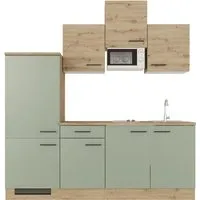 Flex-Well Exclusiv Küche 1602-002 Cara 210 cm - Schilfgrün matt & Artisan Eiche - Einbauküche mit flexibler Montage, ideal für kleine Räume. Inklusive hochwertiger Elektrogeräte und pflegeleichter Kunststofffronten für langlebige Nutzung.