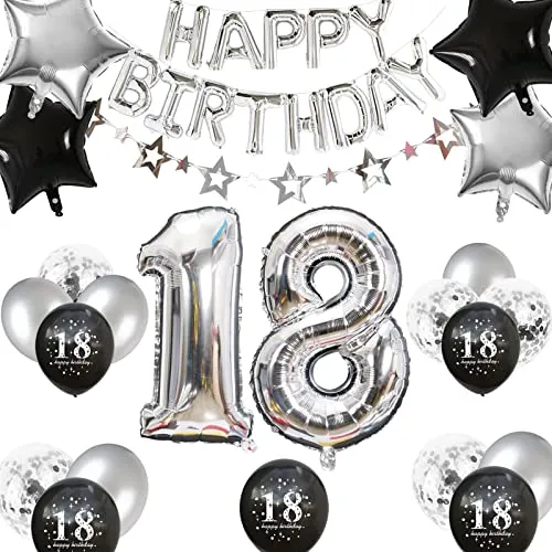 18. Geburtstag Dekorationen Silber Schwarz, Sternbanner Nummer 18 Luftballons Stern Folienballons 18. Geburtstag Konfetti Luftballons für Jungen Mädchen