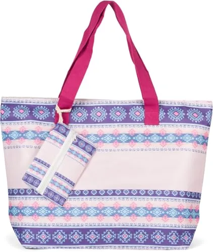 styleBREAKER Große Strandtasche mit Azteken Boho Muster - Damen-Shopper in trendigem Boho-Style mit buntem Aztekenmuster. Geräumig und praktisch mit Extra-Täschchen für Wertsachen und breiten Stoffhenkeln für hohen Tragekomfort.