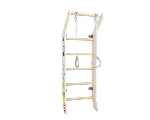 Jeflex Sprossenwand Kids ClimbMaxx M7 - Schaukeln und Klettern für Kinder, aus hochwertigem Holz, mit turnring und kreativen Klebebuchstaben für spielerisches Lernen und motorische Förderung.