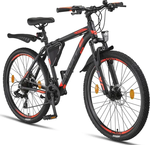 Licorne Bike Mountainbike Effect Premium - 26, 27,5 und 29 Zoll - Hochwertiges Mountainbike in Schwarz/Orange mit 2xDisc-Bremse, ideal für den Einsatz innerhalb der StVZO und für ein Gesamtgewicht bis 95 kg.