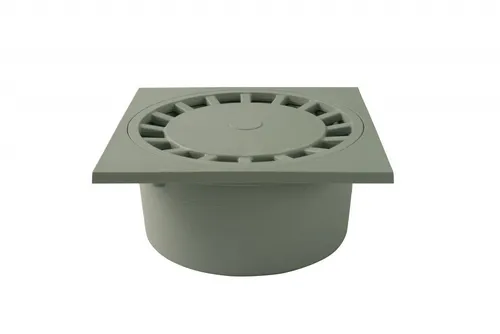 Marley Bodenablauf DN110 - Flacheinbau 250x250 mm - Abflusssieb mit senkrechtem Anschluss und Geruchsverschluss, ideal für effiziente Entwässerung und hohe Belastbarkeit bis 1,5t.