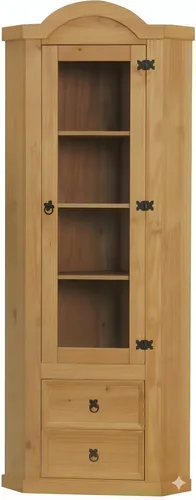 ebuy24 Vitrine New Mexico Eckschrank - Rustikaler Vitrinenschrank mit 1 Glastür und 2 Schubladen aus massivem Kiefernholz, ideal zur stilvollen Aufbewahrung und Dekoration in jedem Raum.
