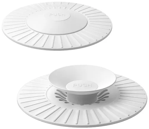 Universal-Abfluss-Abdeckung Silikon Sieb/Verschluss - Praktische 2in1 Abflussabdeckung aus Silikon mit Siebeinsatz und Druckverschluss. Ideal für herkömmliche Spülen, sorgt für einfache Handhabung und zuverlässigen Schutz.