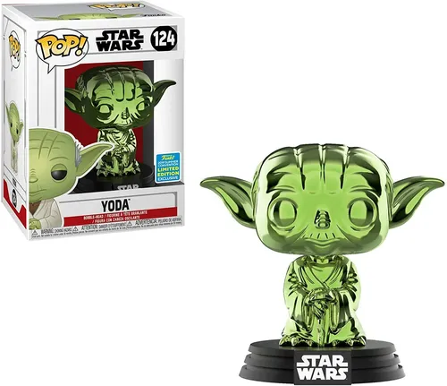 Green Chrome Yoda 2019 Summer Exclusive Star Wars POP! #124 Vinyl Figur - Exklusive Funko Pop! Figur von Yoda in grünem Chrom-Finish, ideal für Sammler und Star Wars-Fans. Höhe: 10 cm, originalverpackt und perfekt für jedes Display.