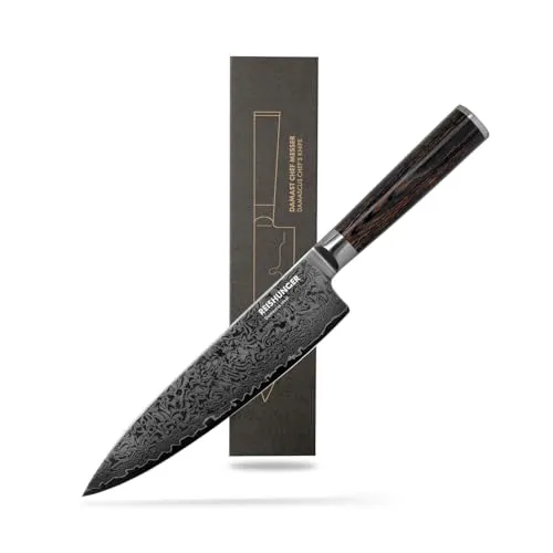Reishunger Damast Chef Messer – Hochwertiges Profi-Messer aus Damaststahl - Ein einzigartiges Küchenmesser mit 67-lagigem Damaststahl für präzises Schneiden. Der robuste Griff aus Pakkaholz sorgt für optimale Handhabung. Ideal für alle Kochliebhaber und als stilvolles Geschenk!