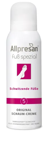 Allpresan Fußspezial Nr. 5 Schaum-Creme für schwitzende Füße 125ml - Fußcreme & -pflege mit Glycerin, tierversuchsfrei und vegan. Lindert Juckreiz und Hautausschläge, ideal für alle Hauttypen.