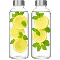 2er Set Trinkflasche aus Glas 1 Liter mit Edelstahl-Deckel - Praktisches 2er Set Trinkflasche aus Glas (1 Liter) – ideal für Büro, Schule oder unterwegs. Auslaufsicher dank Silikondichtung und edlem Edelstahl-Deckel. Spülmaschinengeeignet und für heiße sowie kalte Getränke geeignet.