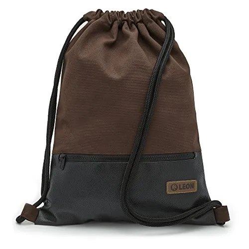 By Bers LEON Turnbeutel, große Reißverschluss Außentasche, Innentaschen Innenfutter Rucksack Tasche Damen Männer Hipster Beutel Veganes Leder Gym Bag Draw String (Braun_Schwarz_PU)