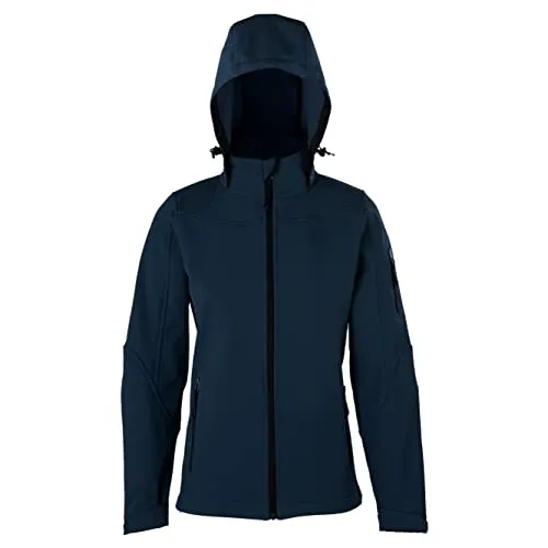 HRM Damen Hooded Softshell Jacket, navy, Gr. L I Premium Softshelljacke Damen wasserabweisend I 5.000mm Wassersäule I Funktionsjacke I Workwear I Hochwertige & nachhaltige Damen-Bekleidung