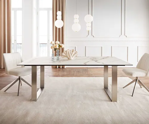 DELIFE Esstisch Edge 200x100 Keramik Calacatta Luxe Weiß-Gold-Grau Edelstahl Schmal